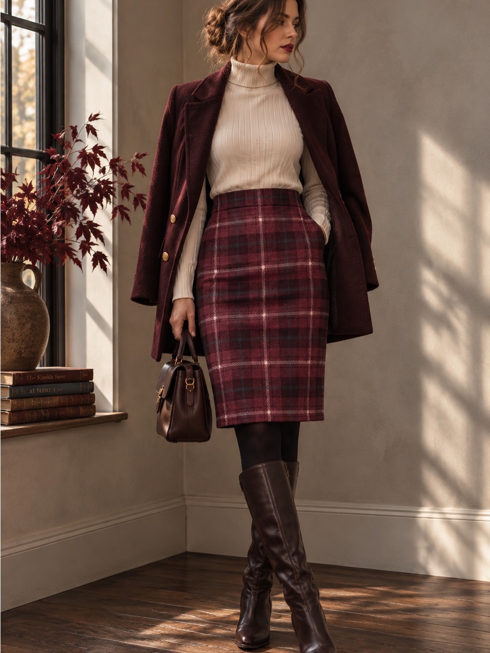 Vintage J.G. Hook Plaid Skirt Burgundy Wool Blend Pencil Dark Academia Fall